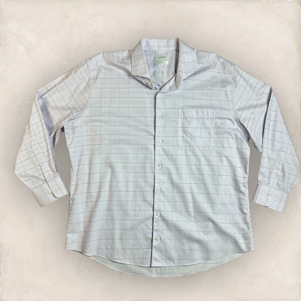 Enro Men’s Dress Shirt XL 17.5 Button Down Light Purple Check Plaid Non Iron